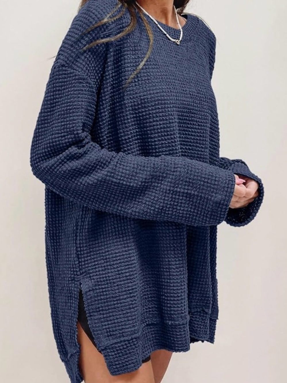 Cozy Waffle Knit Long Sleeve Sweater - Navy - Picture 6 of 6